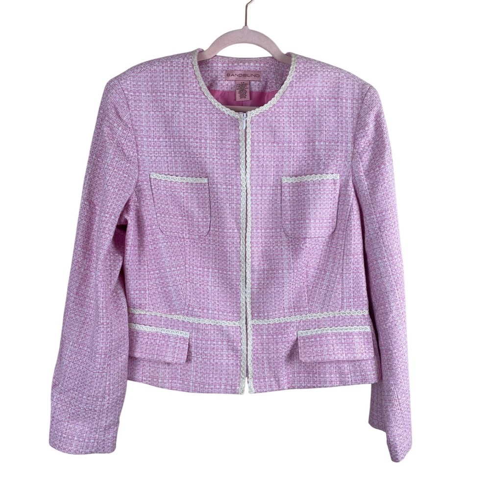 Bandolino Pink Tweed Zip Up Jacket Womens 14 Scalloped Lace Trim Professional